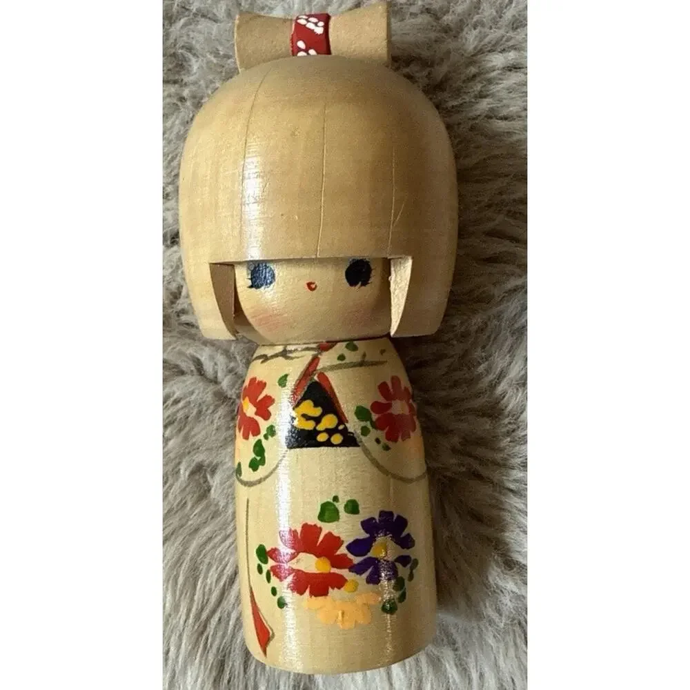 Vintage Japanese Kokeshi Doll 5” Wood Floral Kimono Girl Bow Hand Painted